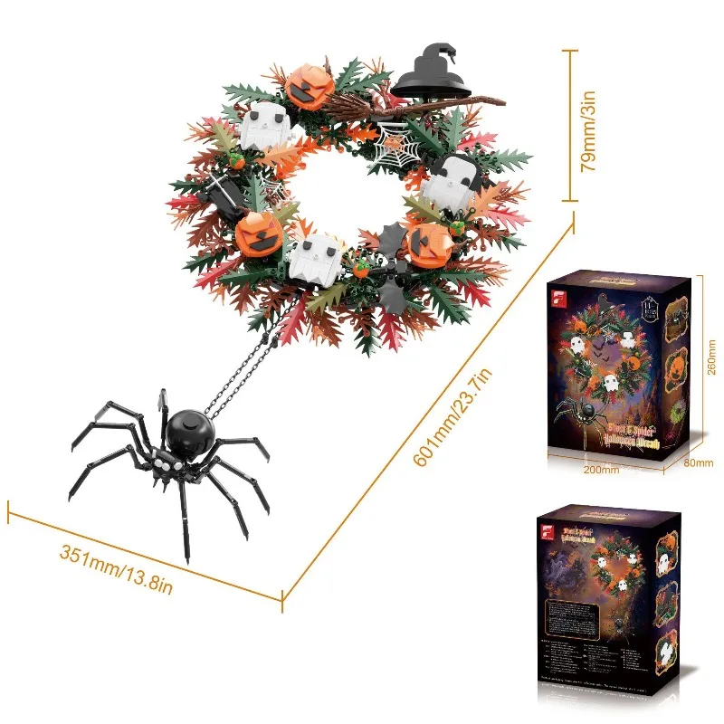 1211PCS Ghost&Spider Halloween Wreath Building Blocks,Garland Pendant Home Decor Puzzle Assembly DIY Christmas Toys Holiday Gift