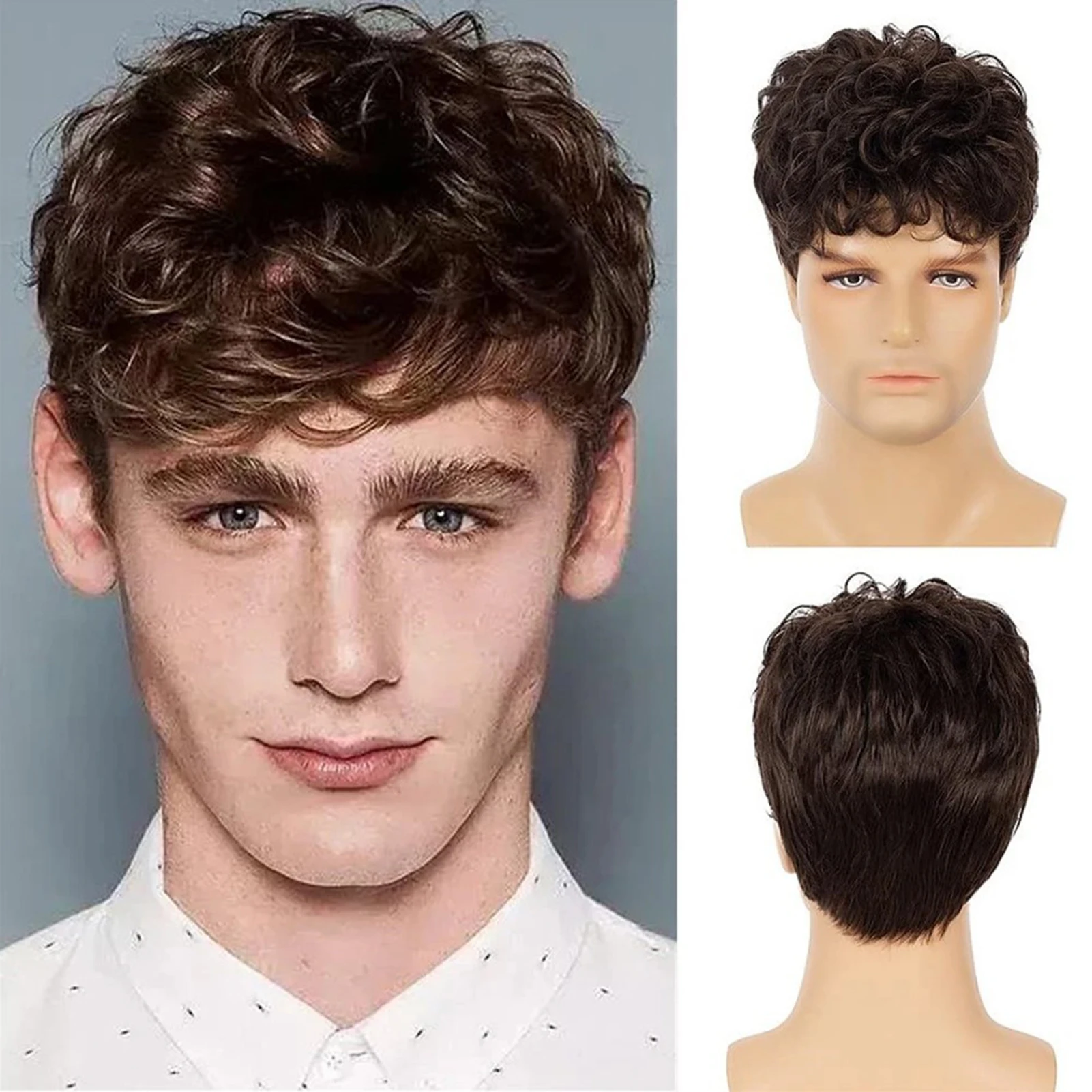 Mens Short Brown Curly Wig Natural Breathable Fluffy Synthetic Fake Hair Replacement For Boys Daily Use Hair Styling Entire Wig