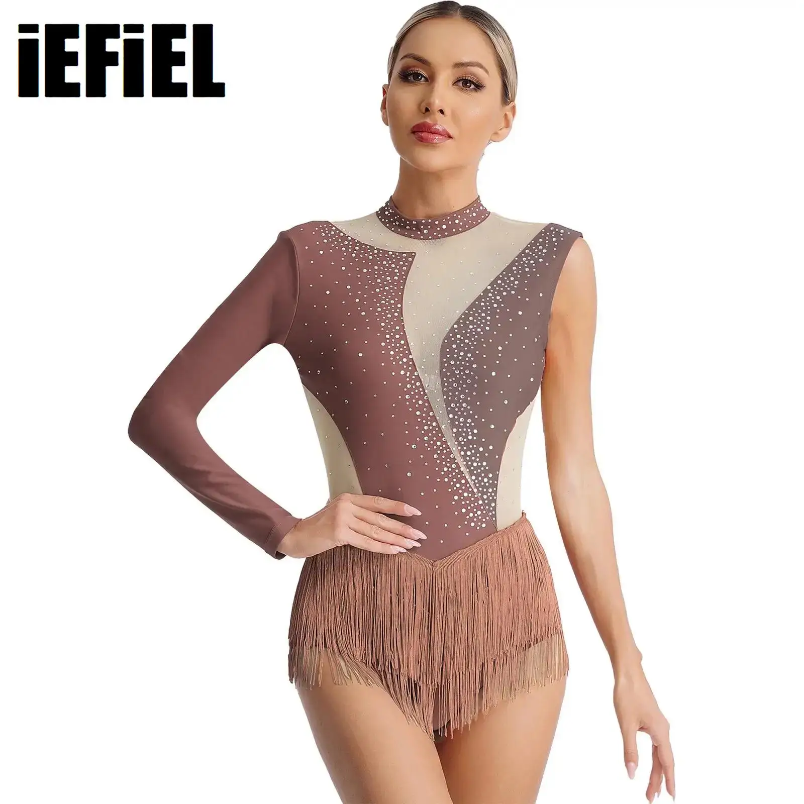 

Women Jazz Leotard Sparkling Rhinestone Contrast Color Tassel Mesh Patchwork Cutout Back Fringed Figure Skating Bodysuit