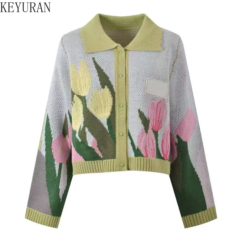 

Милый жаккардовый вязаный кардиган с цветочным принтом, женский осенний однобортный свитер с длинным рукавом и отложным воротником, Mujer, трикотаж, укороченный топ