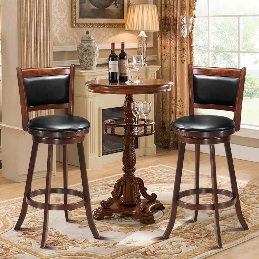 

Bar Stools Set of 2, 360° Swivel Counter Height Bar Stools with Footrest, Upholstered PVC Cushioned Seat, Wooden Kitchen Stools