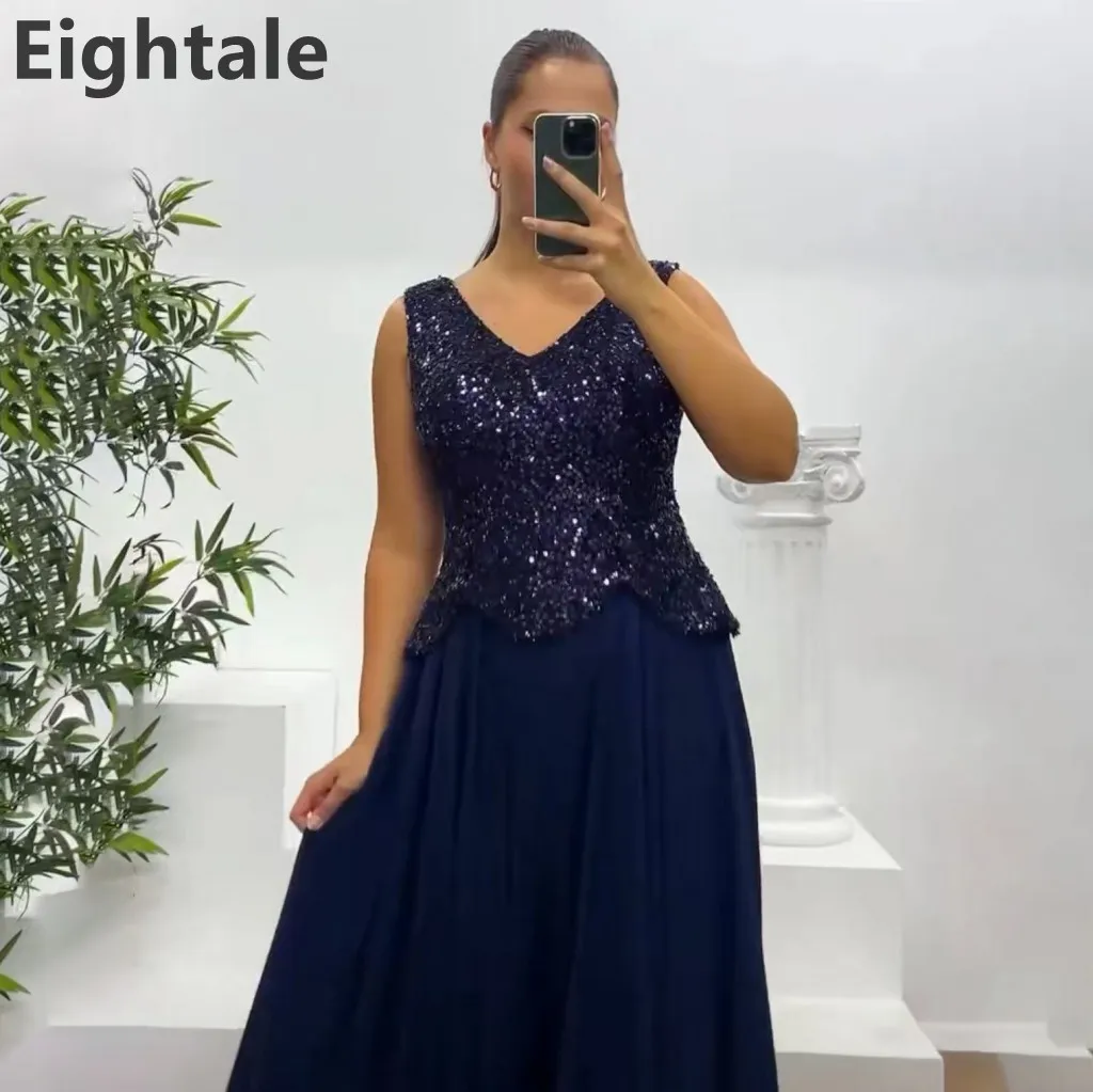 Eightale blu navy in chiffon una linea abito da sera arabo saudita con paillettes abito da ballo da donna abito formale Dubai personalizzato