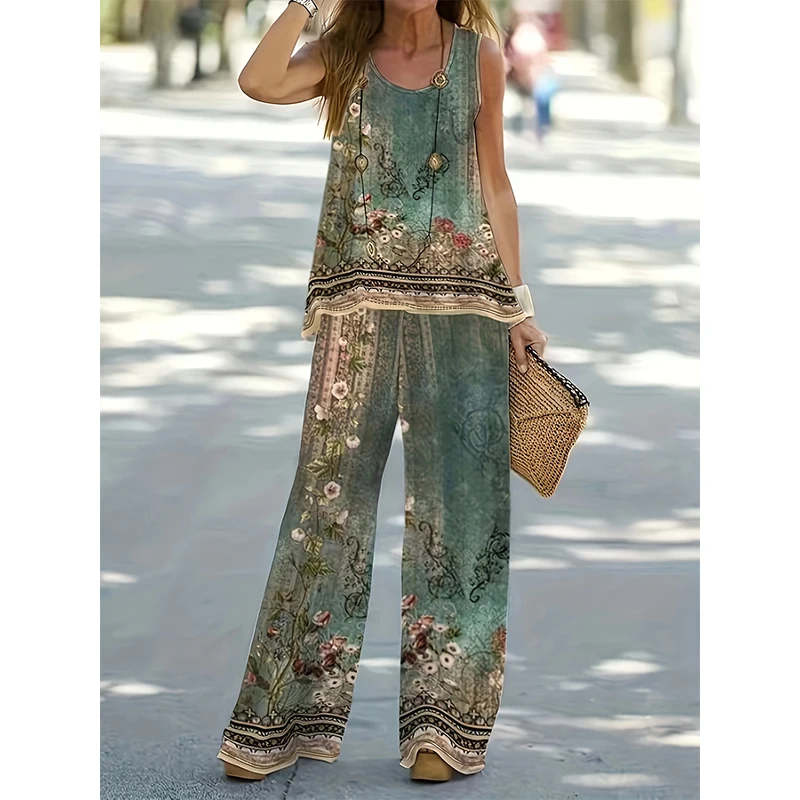 Fashion Women's Casual Suit Printed Floral Oversized Women's Loose Top Crew Neck Sleeveless Vest Autumn Breathable Pants