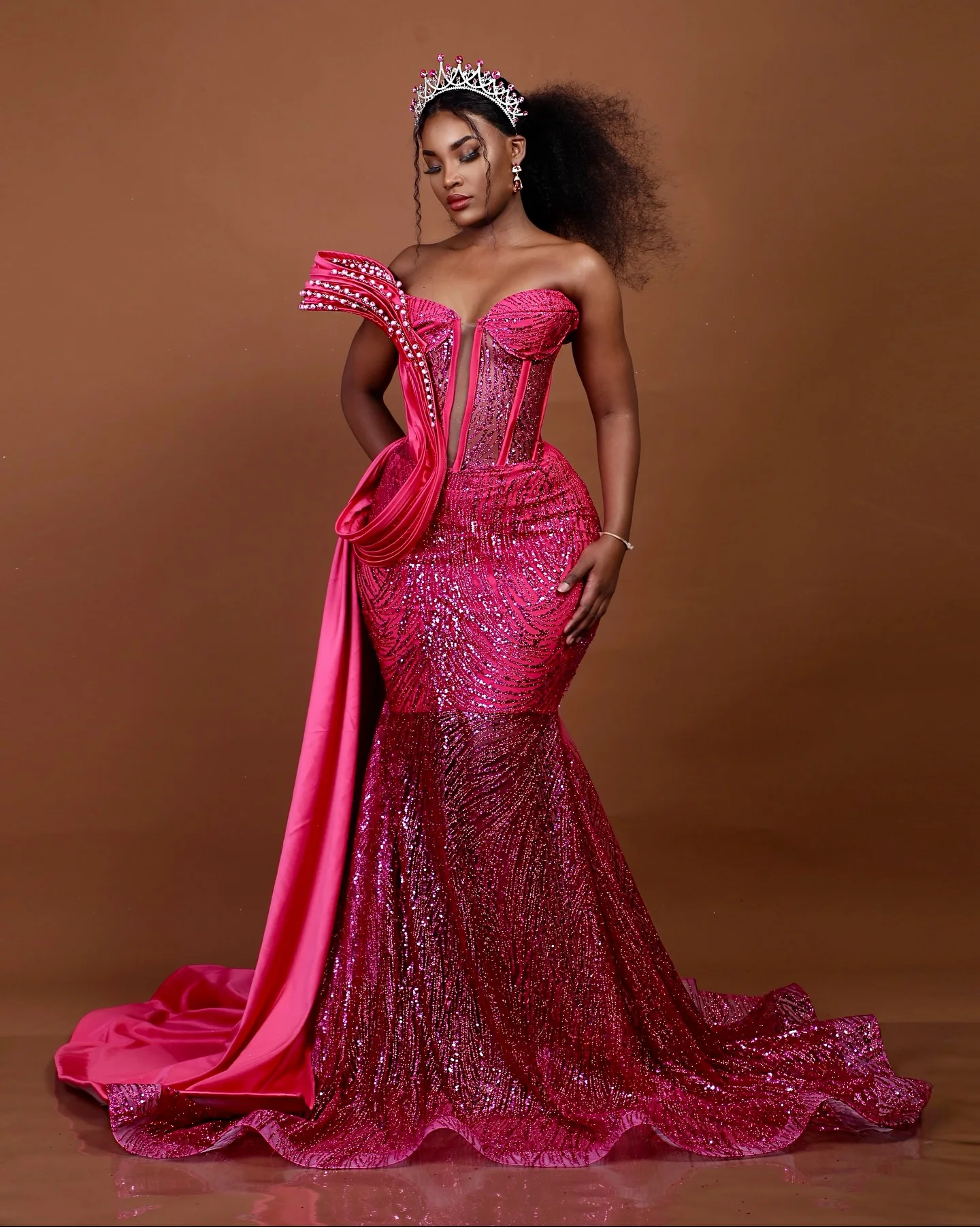 African Wedding Reception Dresses Fuchsia Beaded Lace Birthday Dress Glitter Sequins Crystal Aso Ebi Prom Dresses Formal Gown