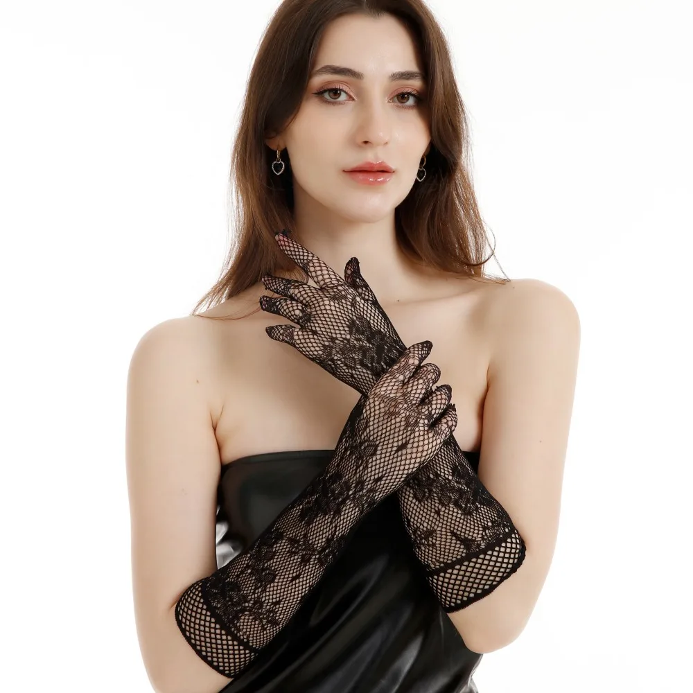 

Lace Jacquard Fishnet Stretch Lingerie Bride Wedding Dress with Five-finger Cosplay Acting Gloves