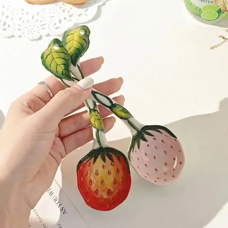 Household Cute Ceramic Spoon, Long Handle Children Eat Dessert Spoons Ladle Tableware Strawberry, Watermelon Panda