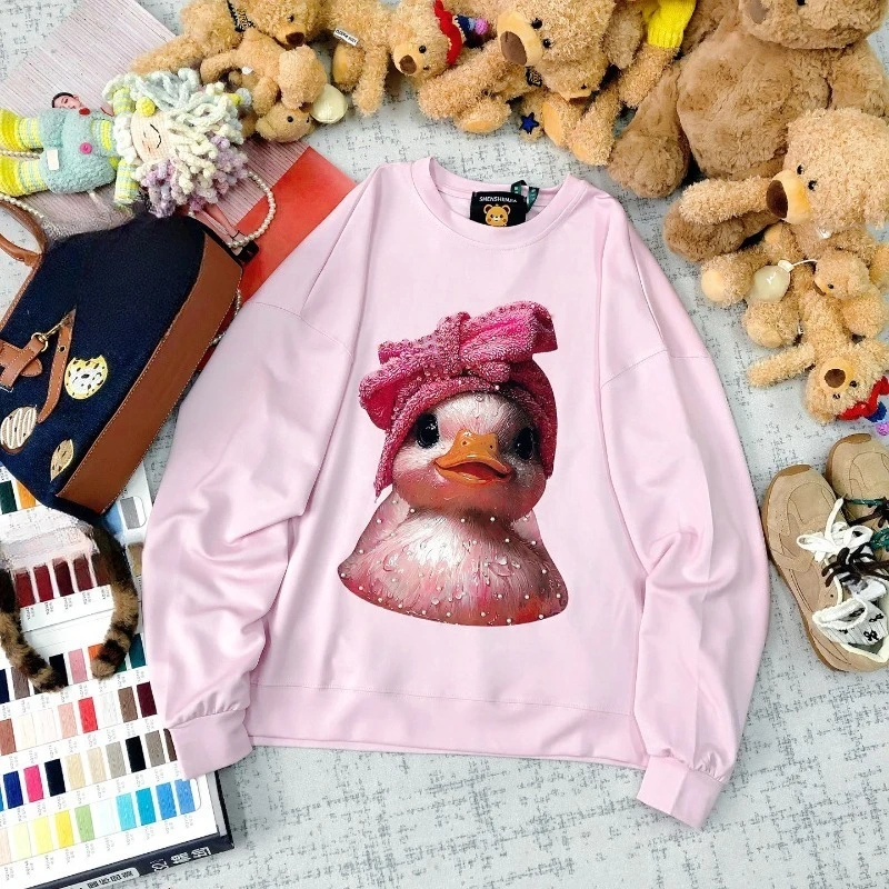 Autumn New Retro Hoodies Trendy Brand High Street Personality Cartoon Bead Printing Loose Casual Crew Neck Sweatshirts Jacket