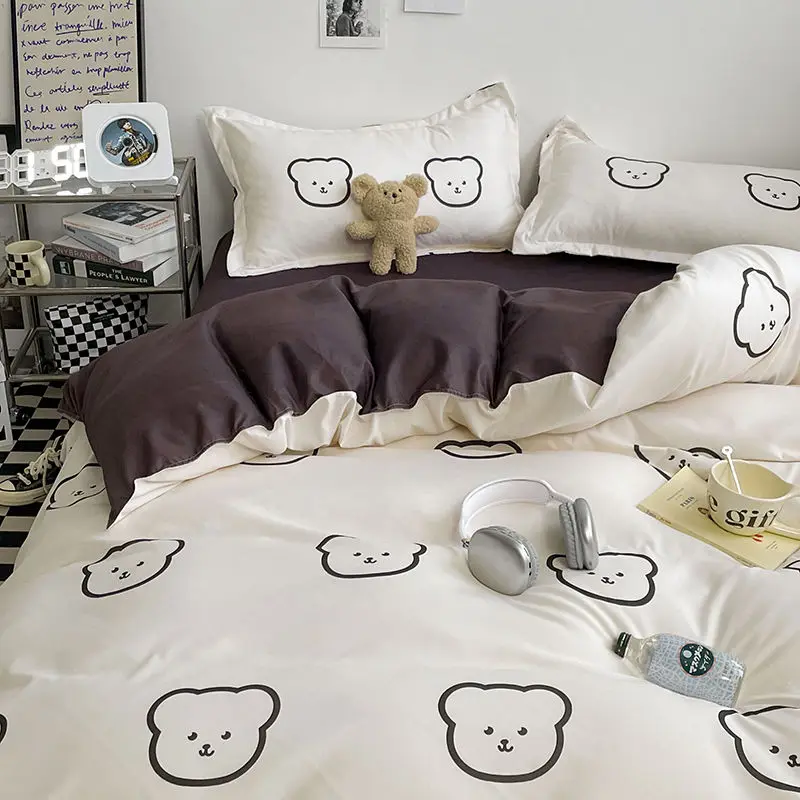 Kawaii Bear Duvet Cover Set with Flat Sheet Pillowcase No Filler 3 4pcs Queen Single Size Boy Girl Bedroom Home Decor Bed Linens