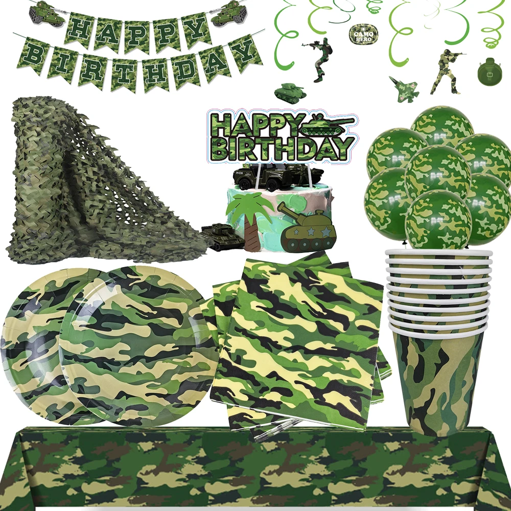 Camo Military Birthday Party Tableware Plates Napkins and Banner Army Soldier Camouflage Happy Birthday Party Decorations Favors