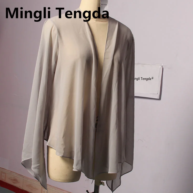 Mingli Tengda الفضة الشيفون طويل الأكمام شال العروس مخصص بوليرو اكسسوارات الزفاف Jaket المرأة معطف الرأس المرأة الرؤوس