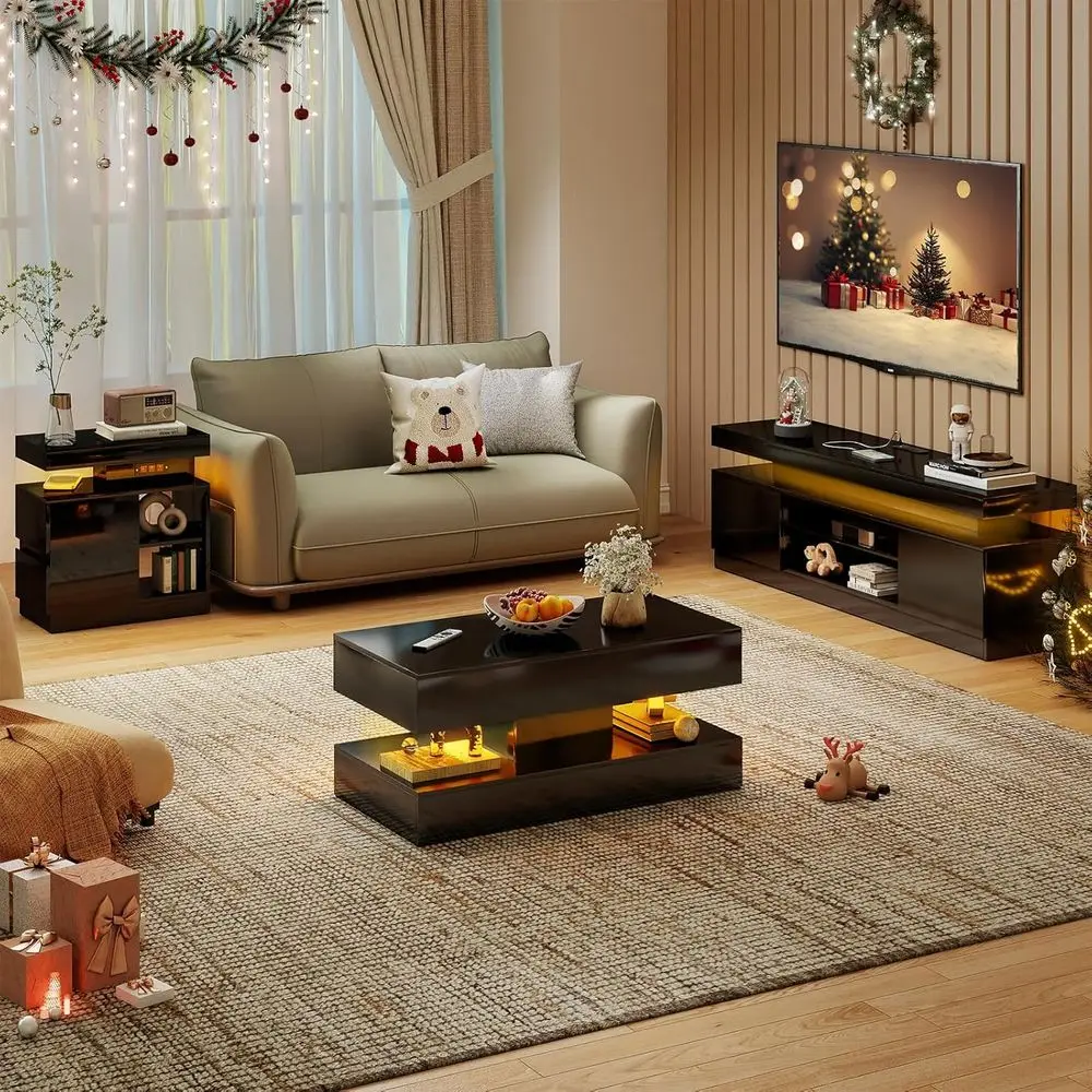 

Glossy 3-Piece LED Living Room Furniture Set: 63 TV Stand, LED Coffee Table with 2 Drawers, End Table with Charging Station & LE