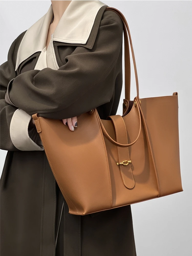 

FMKgoyar High-End Large Capaci Tote Bag Women's Faionable Handbag Casual Sle Pure Color Leather op Bag ape