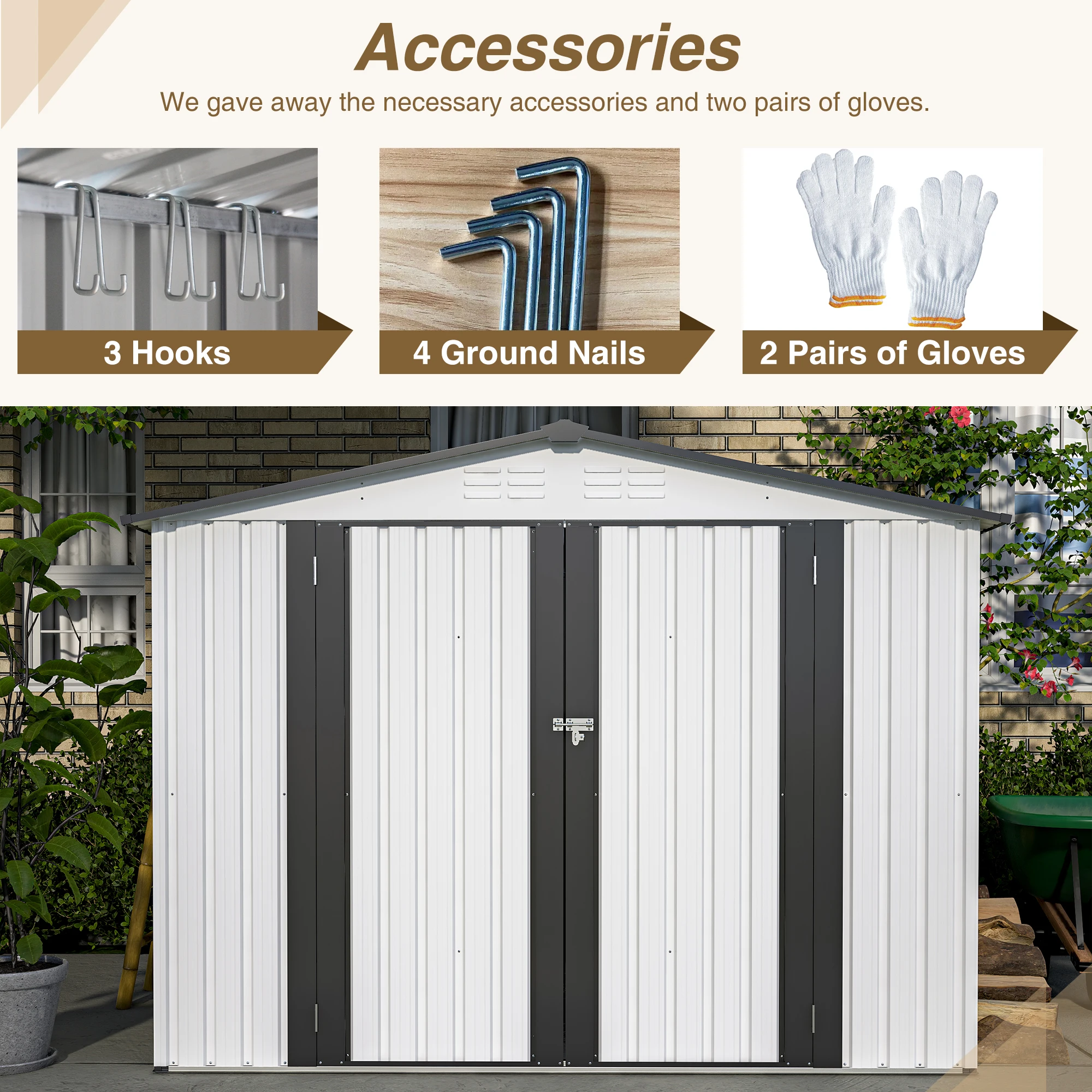 

8 x 6 ft Outdoor Storage Shed, All Weather Metal Sheds with 2 Lockable Doors, Tool Shed for Garden, Backyard, Lawn,White