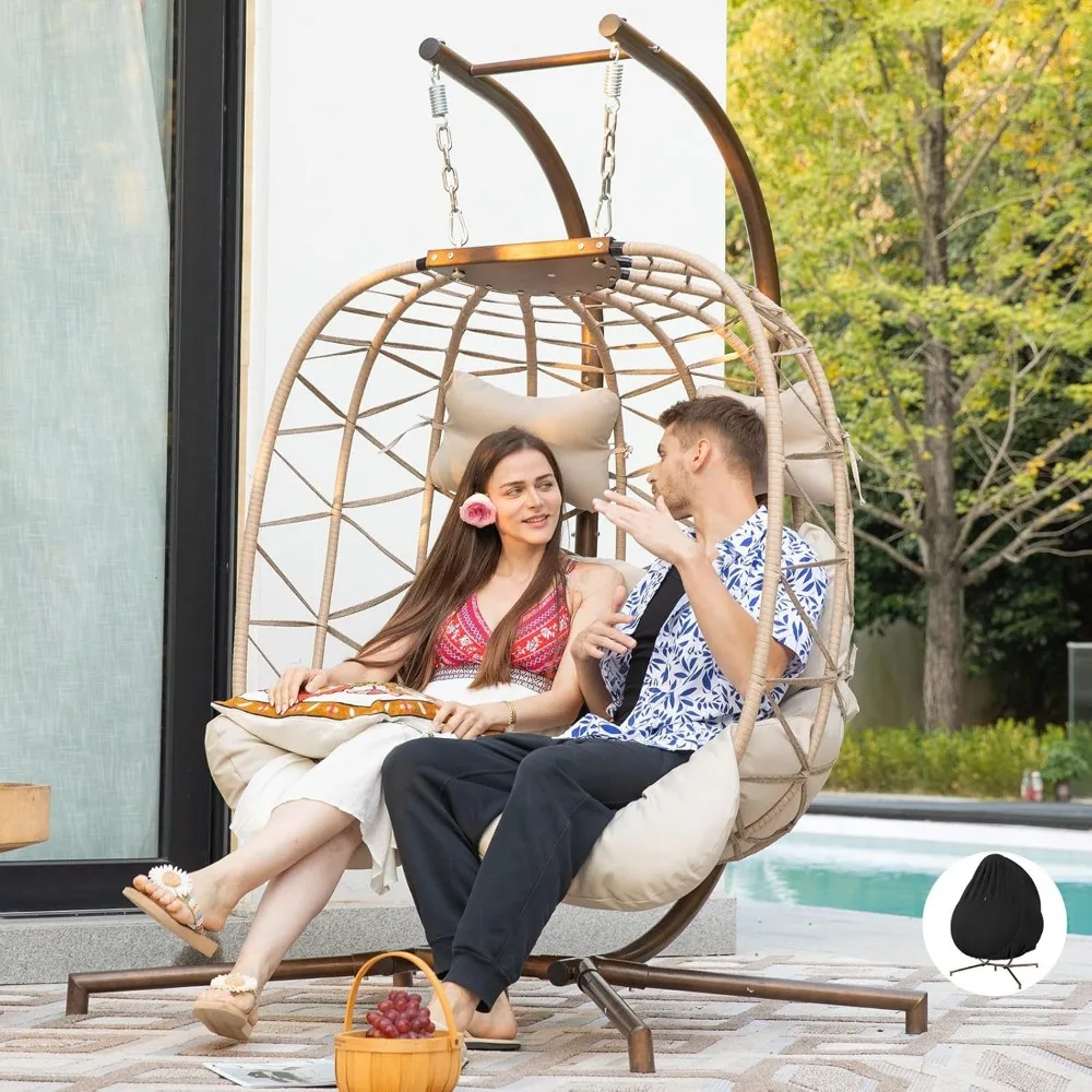

Double Egg Chair Outdoor Indoor, Oversized Swing w/Stand for 2, All-Weather Rattan Hanging Loveseat Comfy, 700 LBS Patio Swingi