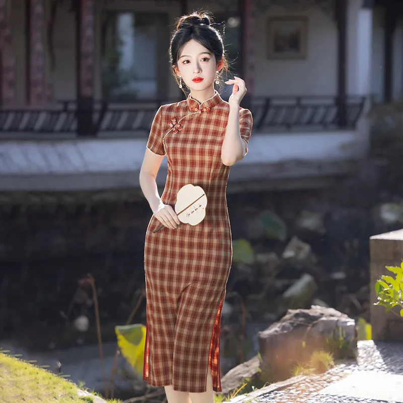 

Yourqipao New Chinese Traditional Cheongsam Women Gride Vintage Qipao Evening New Year Dress