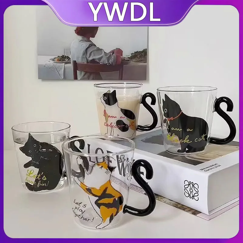 YWDL 1/2 Stück 250 ml Niedliche Schwarze Katze Glas-Kaffeetassen-Set mit Griff, Tierförmige Milch-, Wasser-, Saftbecher, Teetasse im Japanischen Stil, Geschenk