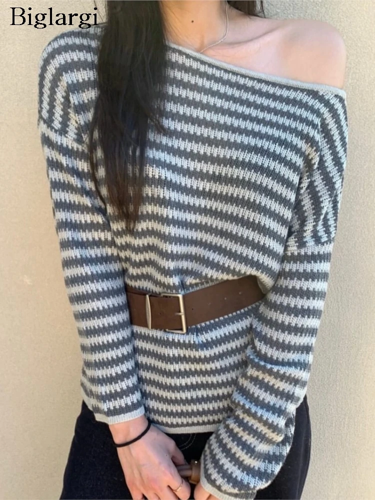 

Knitted Autumn Pullover Sweater Women Striped Print Fashion Irregular Collar Ladies Sweaters Korean Style Loose Woman Sweater
