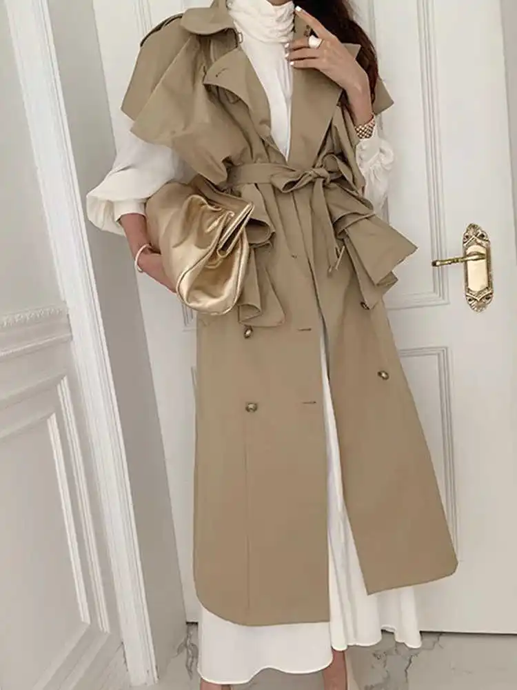 Clothland Women Chic Long Trench Coat Ruffle Double Breasted Sleeveless Waistcost Vest Belt Jacket Tops Mujer CB126