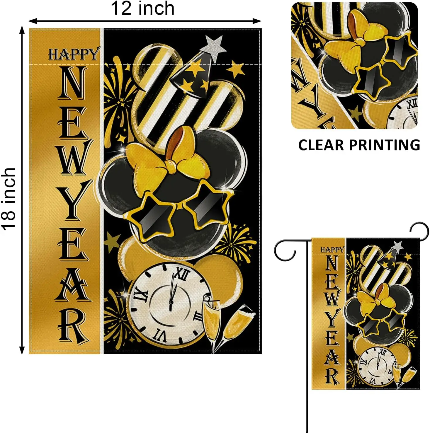 سنة جديدة سعيدة 2026 علم الحديقة المزخرف، ساعة ذهبية سوداء الشمبانيا الألعاب النارية ساحة الزينة الخارجية، عيد الميلاد الذهبي W IIE