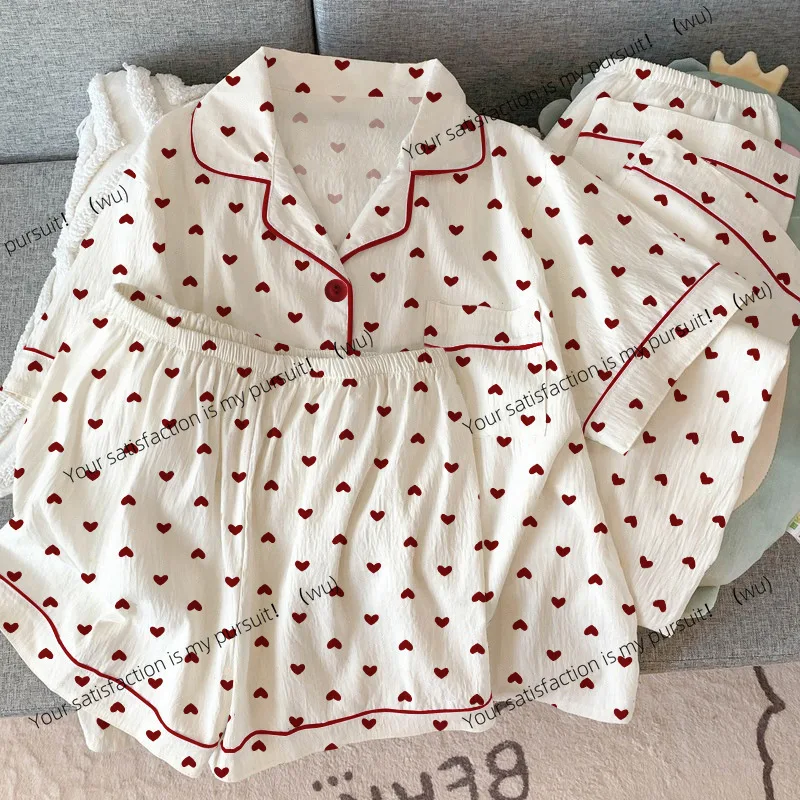 ZOCI-Damen-Sommerpyjama, dreiteiliges Set, lässiger Pyjama, kurzärmliges Revers, süßer Herzdruck, lockere Loungewear