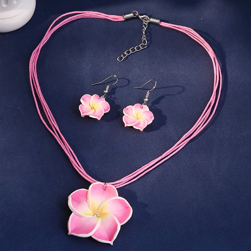 Fashion Romantic Resin Flower Pendant Necklaces Jewelry Set Rope Chain Choker Necklaces Elegant Womens Necklaces Earrings Set