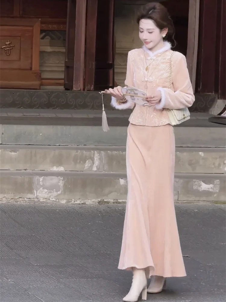 

Бархатный элегантный темпераментный осенне-зимний комплект из двух предметов, женский новый облегающий пиджак в китайском стиле + комплект с полуюбкой