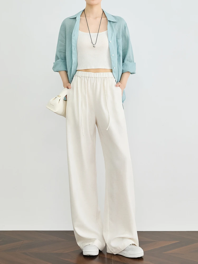 

TUMPUS Women's Silk Linen Wide Leg Pants Draped Thin Autumn High Waist Straight Cut Commute Sle Pure Color Casual Trousers