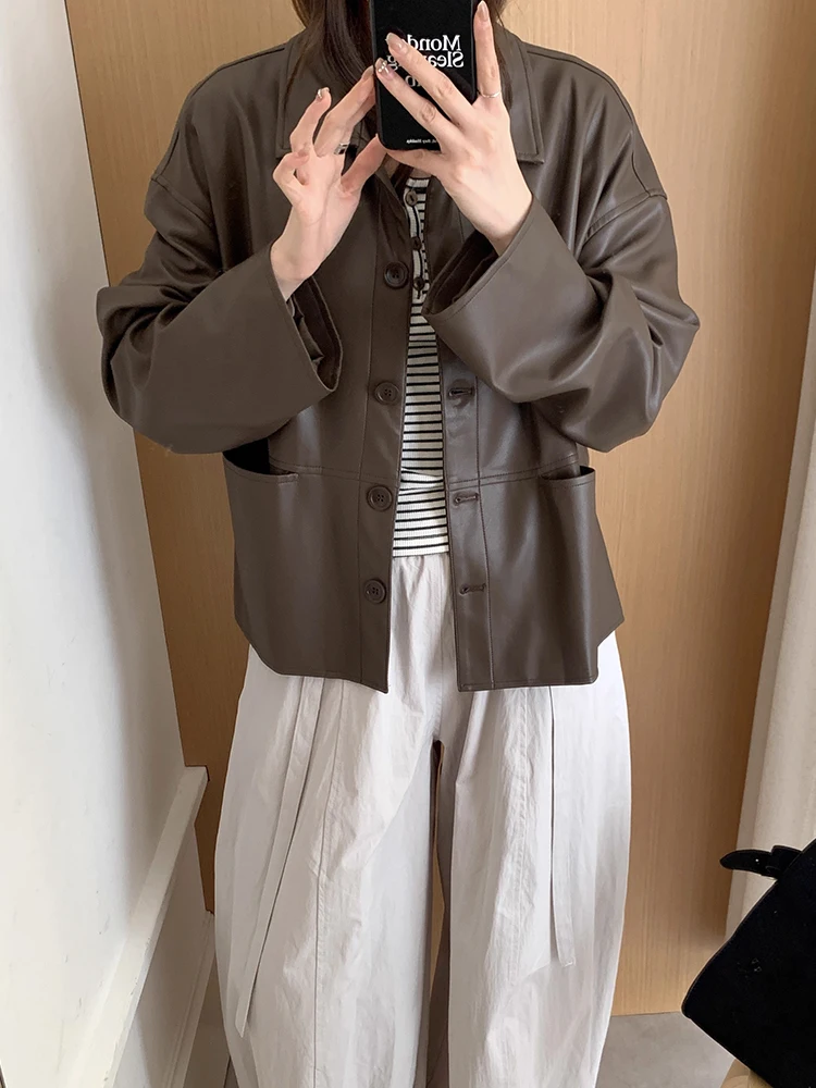 Sli Vintage Biker Jaet Cappotto da donna in pelle PU con colletto lungo e ampio, versatile capispalla autunnale Faion