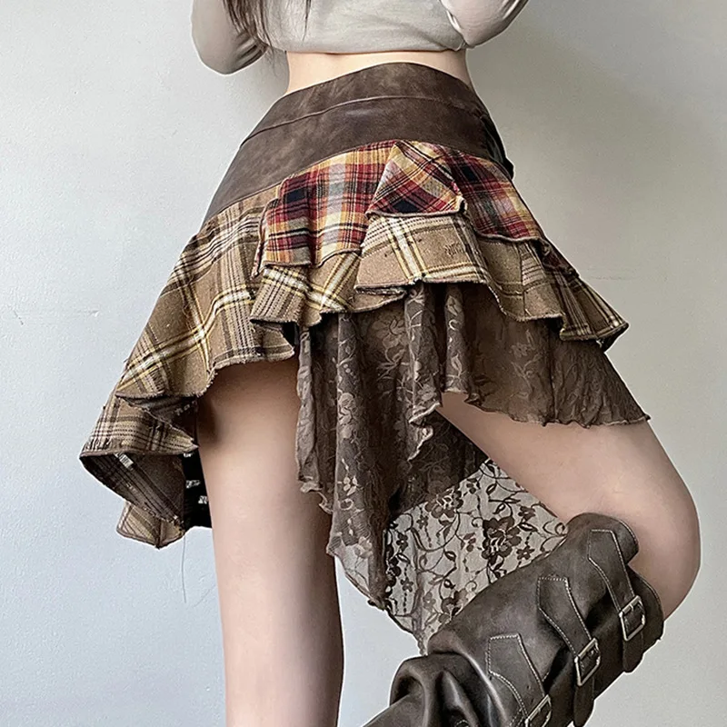 New Retro Fashion Street Asymmetric Women Mini Skirt Lace Striped Plaid Leather Irregular Fashion Stylish Design Skirt