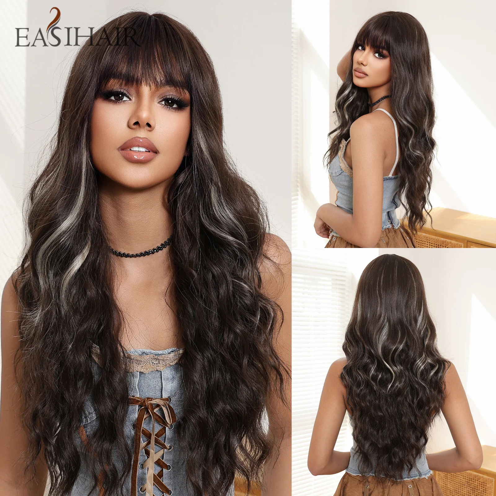 

EASIHAIR Long Wavy Dark Brown Synthetic Wig with Bangs Blonde Highlight Cosplay Daily Wigs for Women Natural Hair Heat Resistant