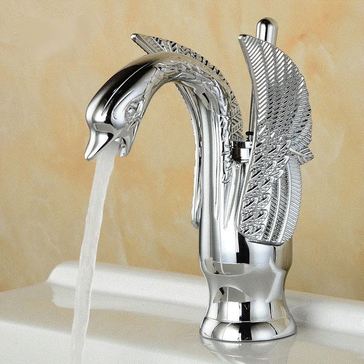 

Polished Chrome Brass Carved Art Animal Swan Style Bathroom Sink Basin Mixer Tap Faucet One Hole Single Handle mnf176