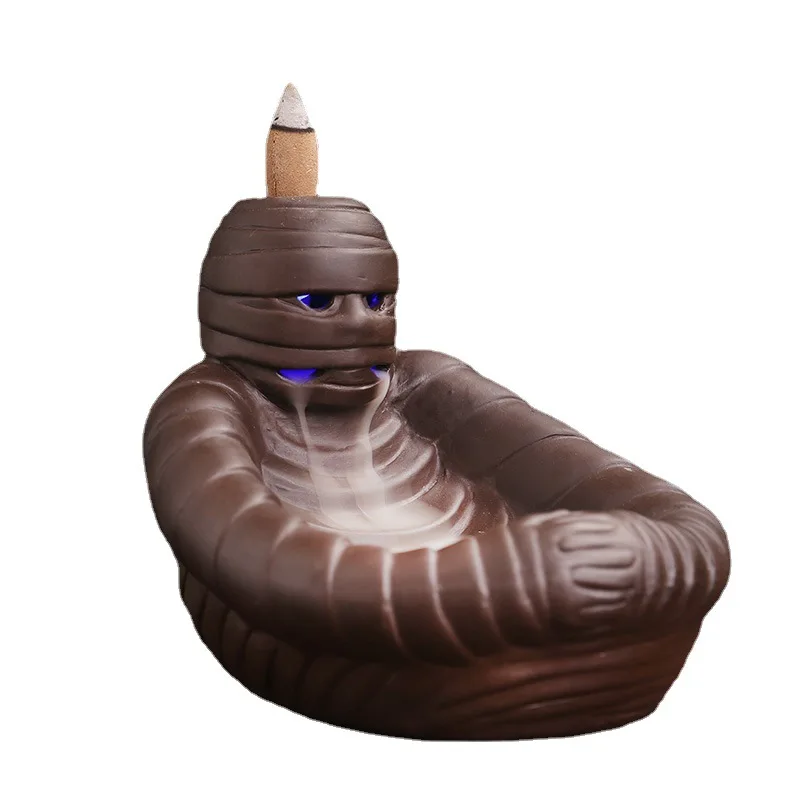 Purple Clay Mummy Backflow Incense Burner Home Decor Creative Skull LED Light Backflow Incense Burner Gift