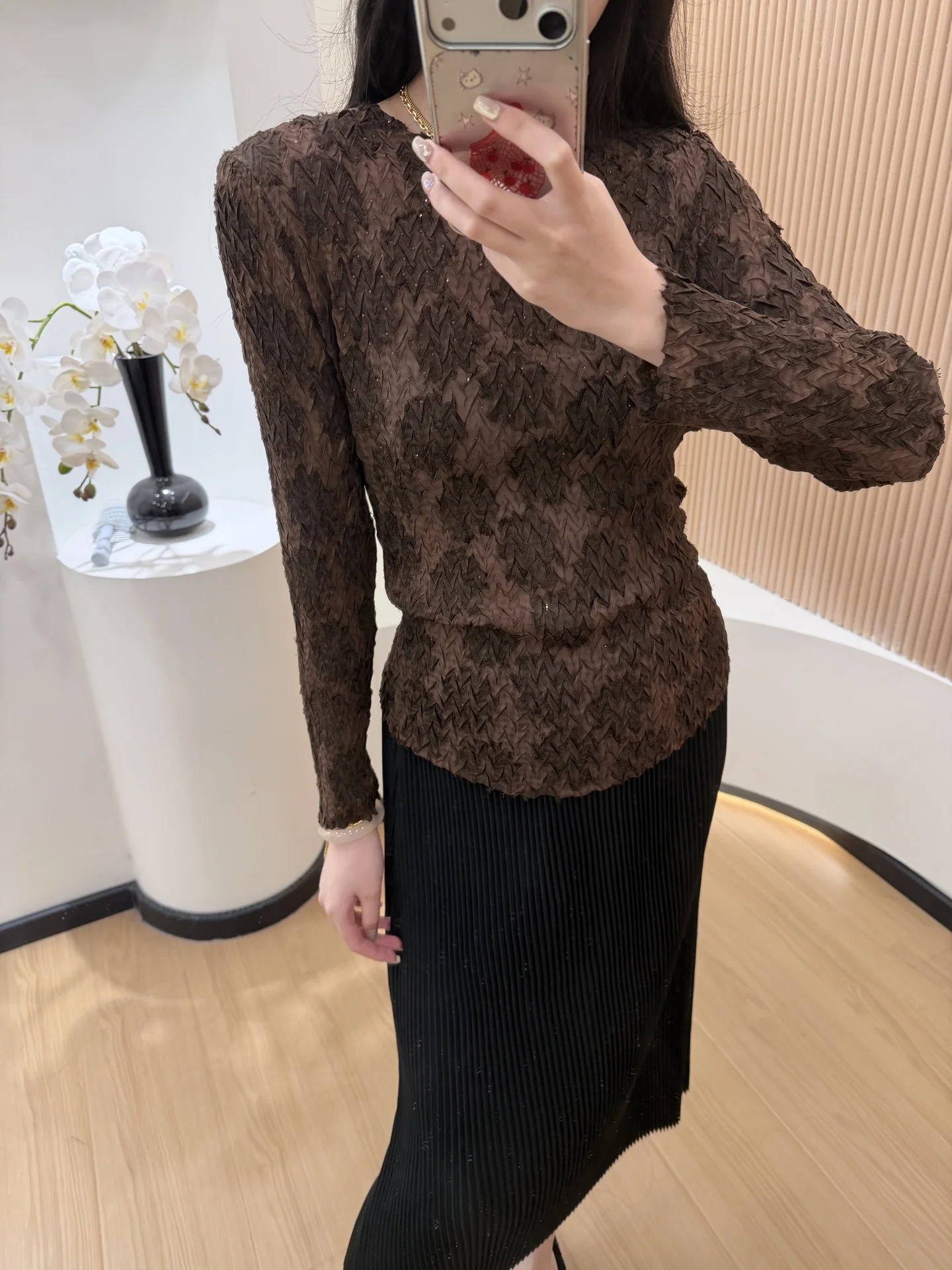 Women's Dark Brown Diamond Pleated Round Neck Long-Sleeve Sheer Blouse Elegant Fashion Daily Wear 2025 Trendy Chic