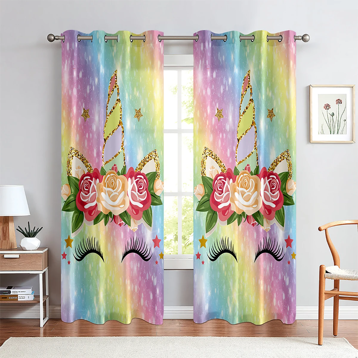 

Animated Cartoon Curtains for Children's Room, Unicorn Rainbow, Window Decoration, Living Room, Study, Kitchen, 2 Pieces