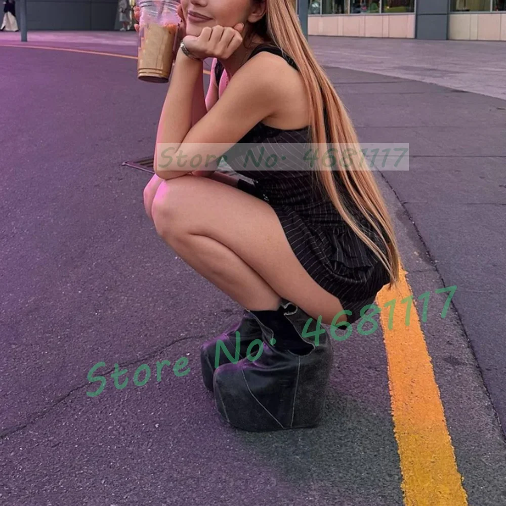 Vintage Platform Chelsea Ankle Boots Women Black Wedges Punk Chunky Heel Shoes Cool Girls Nubuck Leather Round Toe Winter Boots