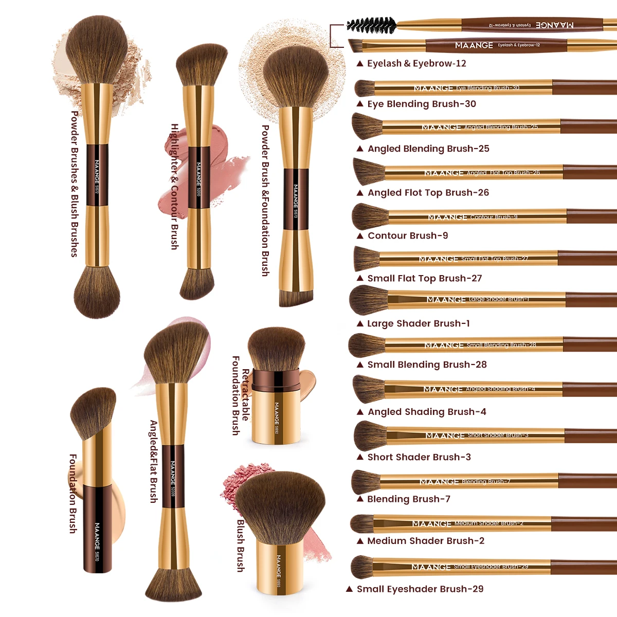 MAANGE 50 szt. Zestaw narzędzi do makijażu 20 szt. Pędzle do podkładu i cieni do powiek 27 szt. Zestaw puszek do pudru z miseczką do czyszczenia, torbą na pędzle, prezent do makijażu