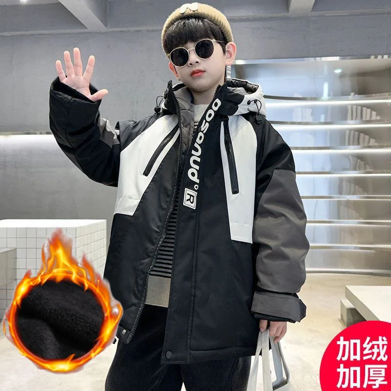 Plus Velvet Thicken Overcoat Boys Fleece Jackets 2024 new  Kids Windproof Hooded Cotton Clothing Winter Warm Teens Trench Coat