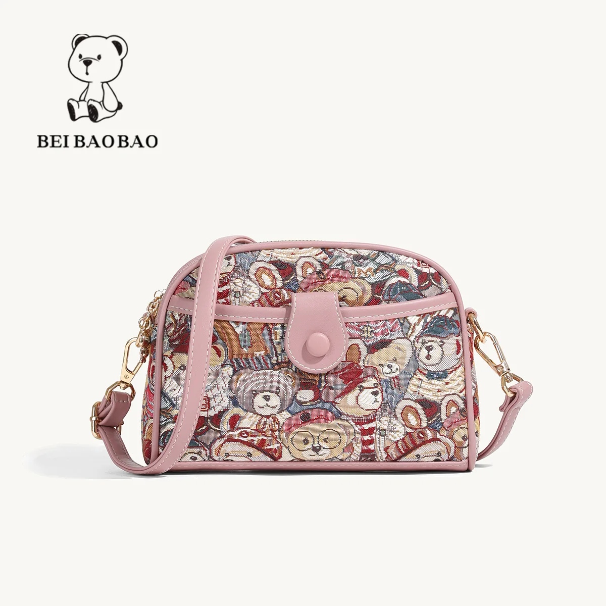 Beibaobao 2024 Summer New Canvas Bear Half Round Bag Small Square Bag Fashion Versatile One Shoulder Crossbody Bag Bolso de muje