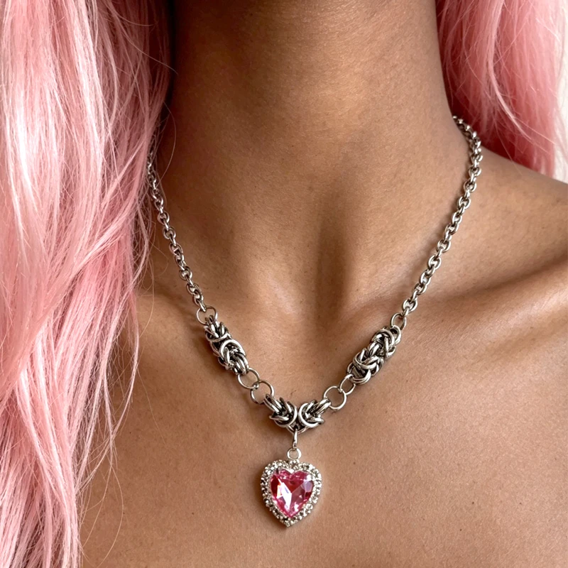 Y2K Jewelry Stitching Chain Pink Crystal Heart Pendant Necklace for Women Korean Fashion Charm 90s Aesthetic Necklace Goth Punk
