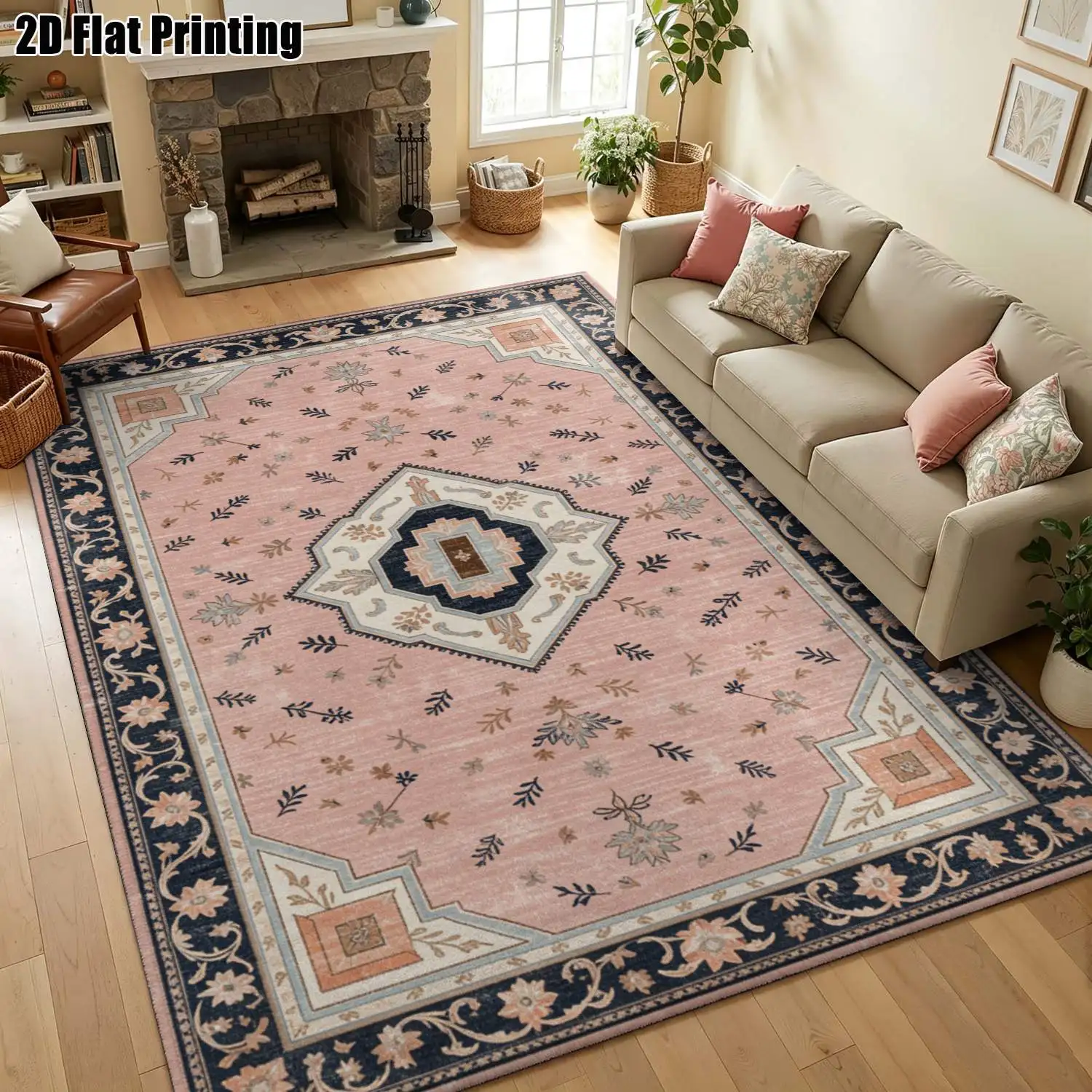1Pc 2D Printed Carpet: Blue-Gray Retro Scrolling Flower Pattern Ideal Home Decor, Multi-Size, Machine Washable, Suitable for Multi-Scene Use.