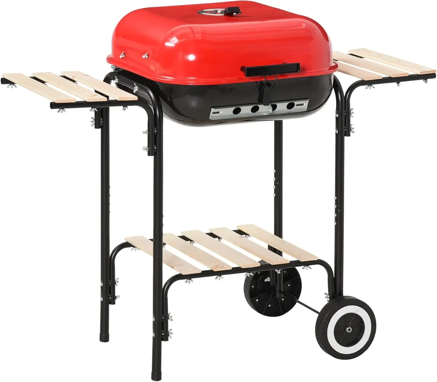 

Outsunny Portable Charcoal Grill with Two Side Shelf Bottom Shelf BBQ Smoker with Wheels Adjustable Vents on Lid Picnic Camping