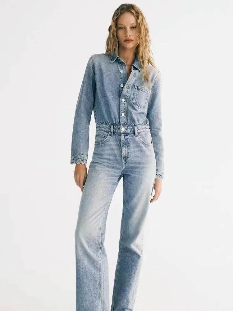 Women's Slim Fit Long Denim Jumpsuit, Women's Overalls, Full Length, Women's Clothes, Traf, Fashion