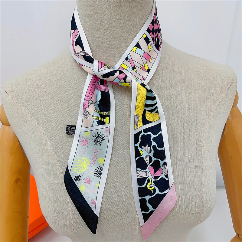 2023 New Small Silk Scarf Women Luxury Hair Scarf Twill Print Wrap Bag Handle Ribbon Brand Fashion Foulard Women\'s Headscarf