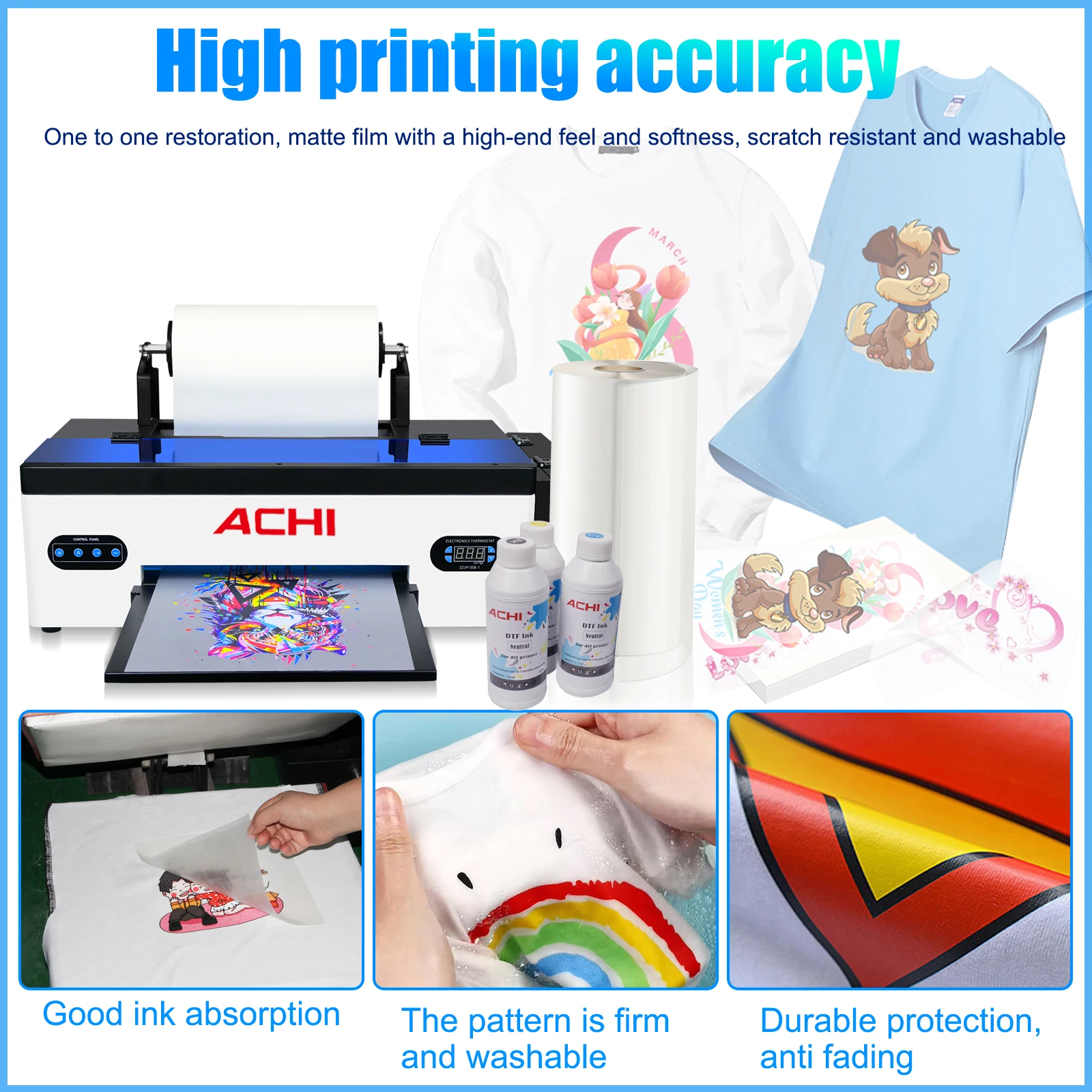 

ACHI A3 DTF Printer High Printing Accuracy R1390/L1800 DTF Printer with Oven T-Shirt Heat Transfer for Fabric Clothes Printing