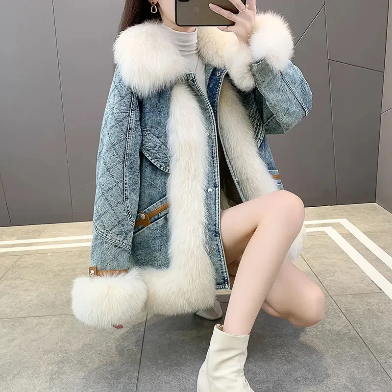 Fried Street Jeans Jackets Women Overcoat 2023 Winter New Long Edition Goose Down Jacket Big Fox Fur Collar Warm Fur Parker Coat