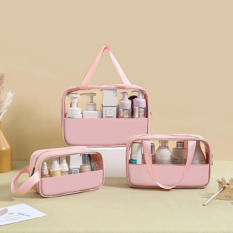 Spliced Cosmetic Bag Semi-transparent PVC Large Capacity Wash Bag Waterproof PU Handheld Portable Travel Storage Pouch Organizer