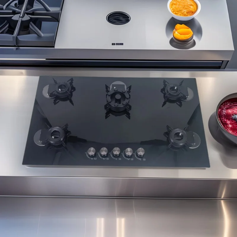 Household Flip-Top 5-Burner High-Flame Gas Stove Wok-Style Tempered Glass Panel Built-In LPG Natural Gas 4800W Electronic Pulse
