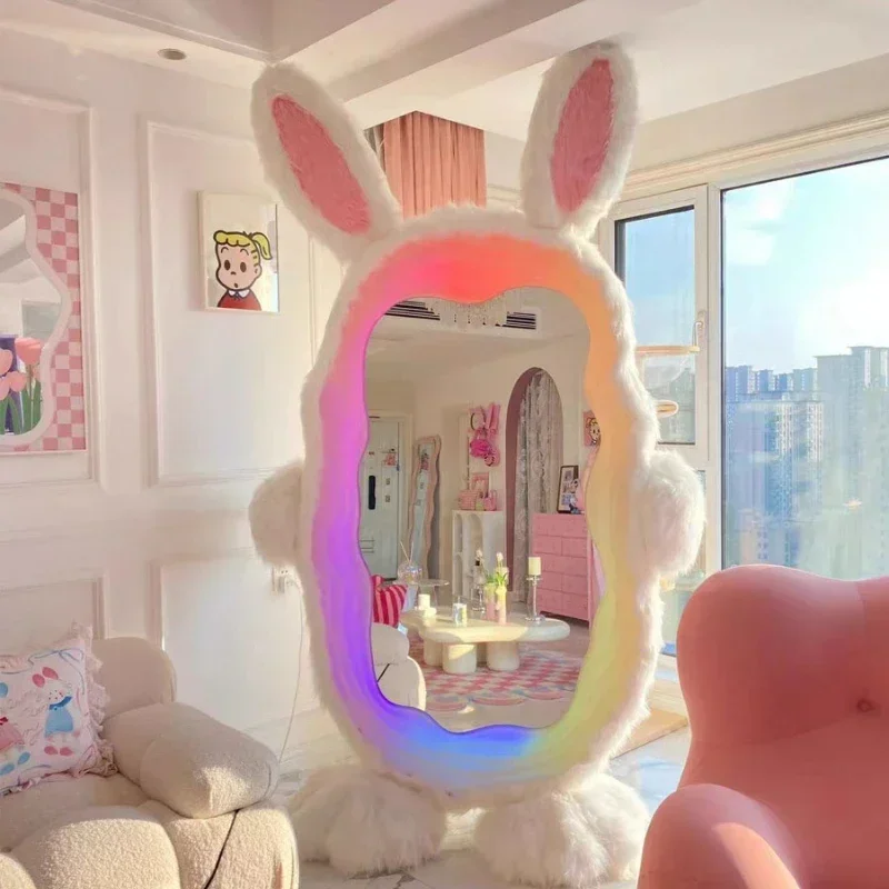 Cream wind Internet celebrity rabbit full body luminous wave mirror dressing floor  girls home cute fitting mirror