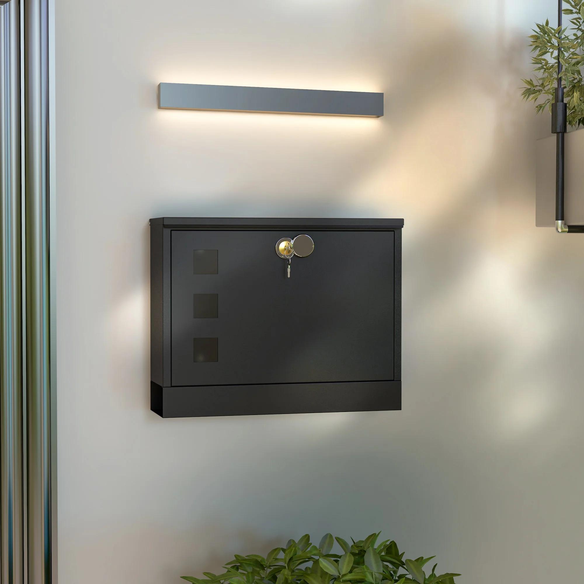 HOMCOM Briefkasten mit Zeitungsfach, Postkasten aus Metall mit 2 Schlüssel, Wandbriefkasten mit Sichtfenster, Wasserabweisend, 36,5 x 11,5 x 29 cm, Schwarz