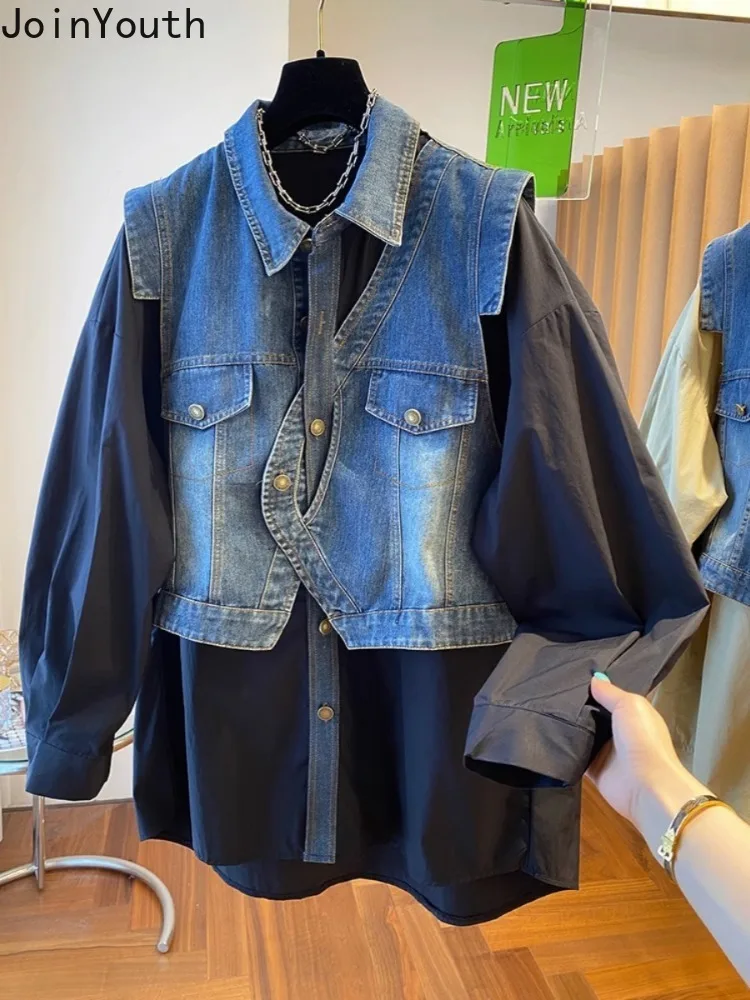 Fashion Blouse for Women Patchwork Denim Fake Two Shirts 2023 Blusas Mujer De Moda Casual Fashion Korean Oversized Y2k Tops